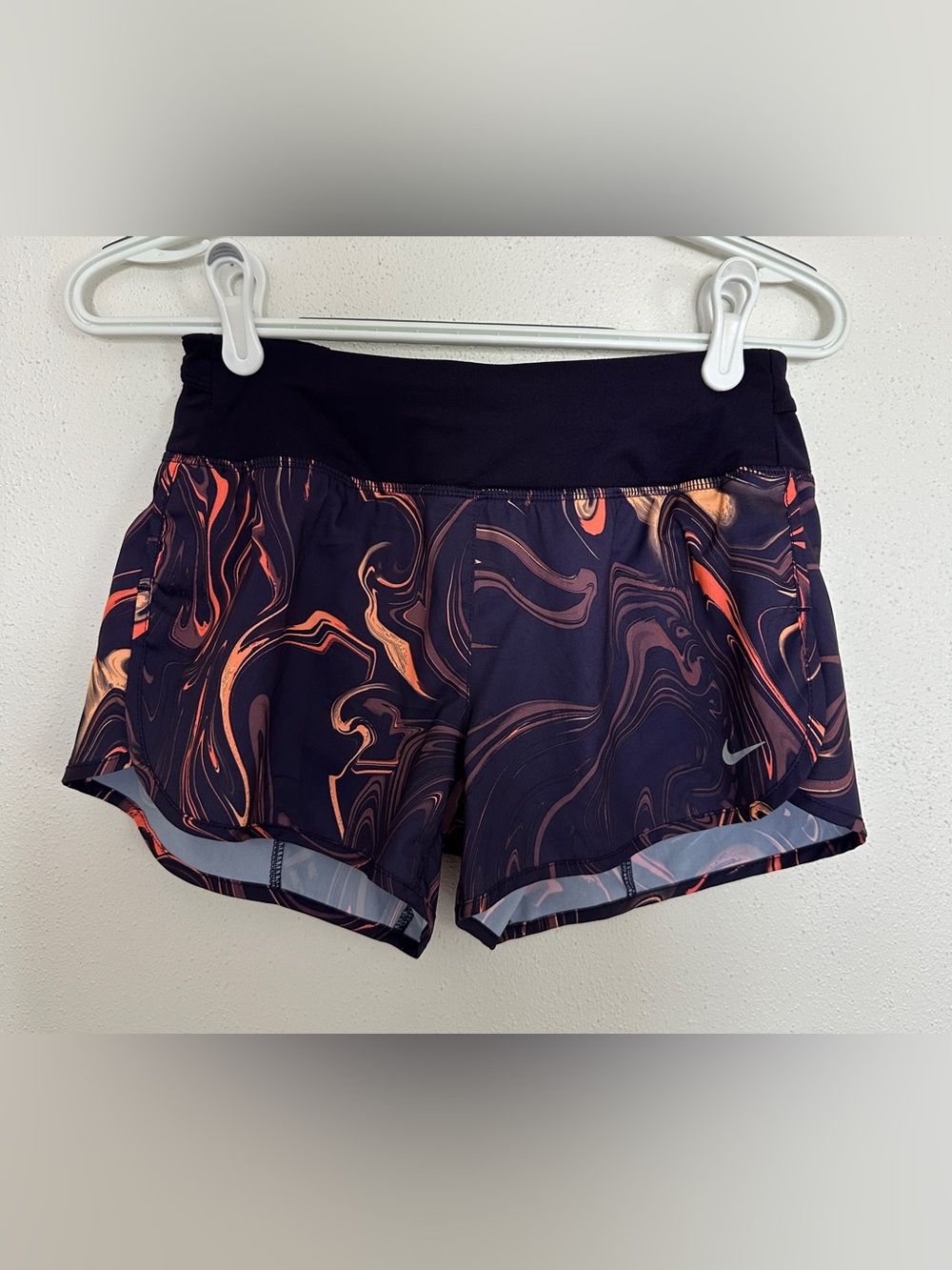 Nike Women's Black Marble-Print Athletic Shorts with Orange Accents